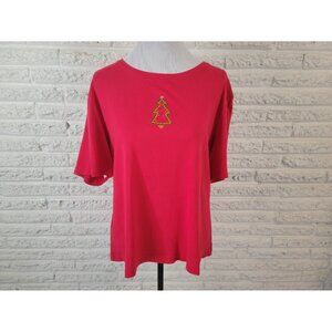Christmas Bay Studio Women Top 2X Plus Short Sleeve Tree Cotton RED19E